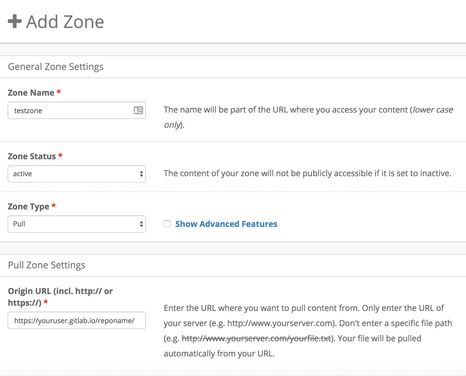 Screenshot of KeyCDN's pull zone creation page