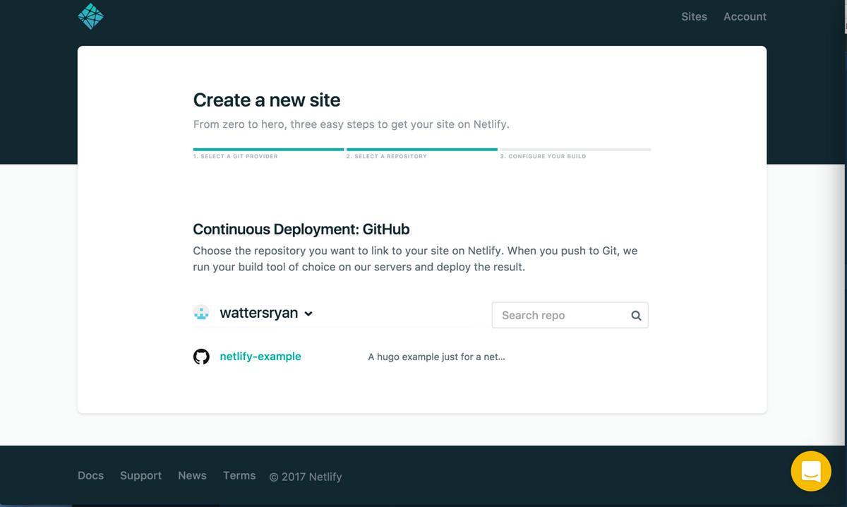 Screenshot of step 1 of create a new site for Netlify: selecting the git provider
