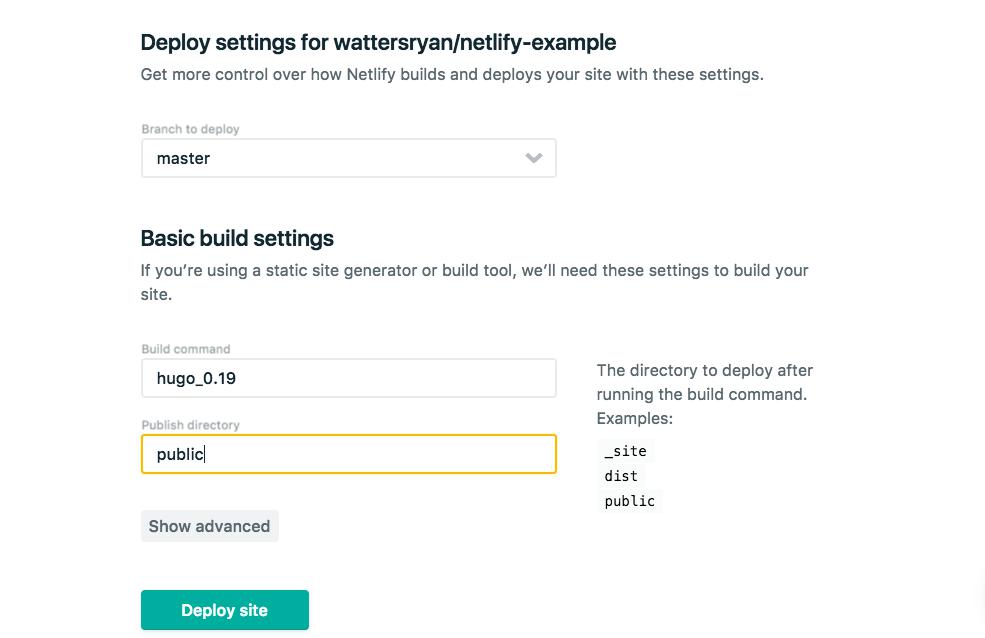 Screenshot of 3-step, basic continuous deployment setup with a new Hugo site on Netlify