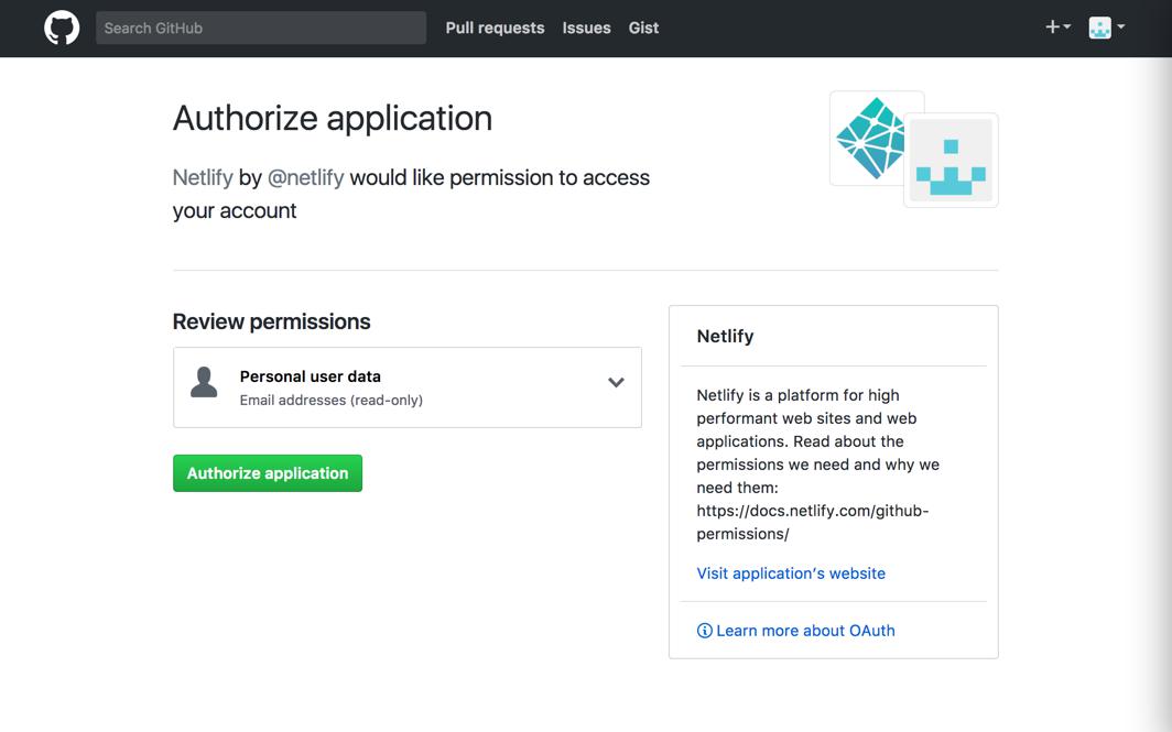Screenshot of the authorization popup for Netlify and GitHub.