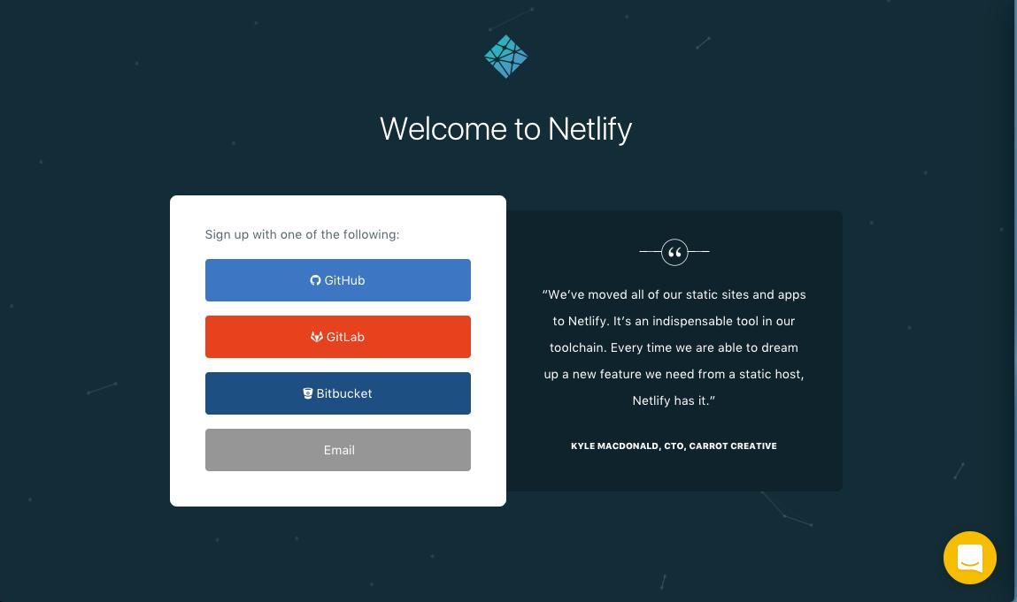 Screenshot of the homepage for app.netlify.com, containing links to the most popular hosted git solutions.